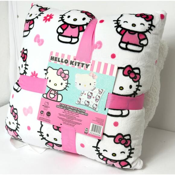 HELLO KITTY Pillow 2 Pack PILLOWS White Soft Plush Pink Bow + White Square 18x18 - Picture 2 of 5